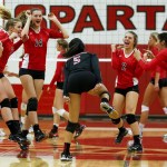 Mountlake Terrace celebrates a point against Stanwood during a game at Stanwood High School on Tuesday, Oct. 11. (Ian Terry / The Herald)