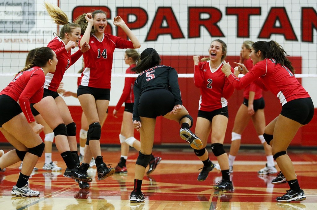 Mountlake Terrace celebrates a point against Stanwood during a game at Stanwood High School on Tuesday, Oct. 11. (Ian Terry / The Herald)