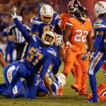Chargers inside linebacker Jatavis Brown (57) reacts after a fumble recovery during the second half of a game against the Broncos on Thursday in San Diego. (AP Photo/Lenny Ignelzi)