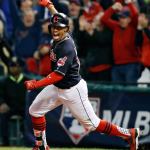 The Indians&rsquo; Francisco Lindor celebrates after his two-run home run against the Blue Jays during the sixth inning of Game 1 of the American League Championship Series on Friday in Cleveland. (AP Photo/Gene J. Puskar)