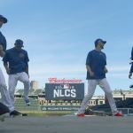 Chicago Cubs players work out during the team&rsquo;s practice before Game 1 of the National League Championship Series on Saturday in Chicago. (AP Photo/Charles Rex Arbogast)