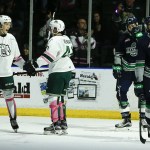 Silvertips right wing Riley Sutter (left) celebrates his second goal with teammate Connor Dewar during the first period of a game against Seattle on Saturday at Xfinity Arena in Everett. (Ian Terry / The Herald)