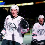 Silvertips right wing Bryce Kindopp (left) celebrates a goal in the first period during a game against Seattle on Saturday at Xfinity Arena in Everett. (Ian Terry / The Herald)