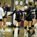Lake Stevens players (from left) Emily Lubick, Gabby Gunterman, Grace Schroedl, Melissa Stevens and Lilly Eason celebrate a point during a game against Glacier Peak at Lake Stevens High School on Tuesday, Oct. 18. (Ian Terry / The Herald)
