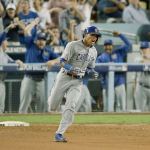 Chicago&rsquo;s Addison Russell celebrates while rounding the bases after hitting a two-run home run during the fourth inning of the Cubs&rsquo; 10-2 win over Los Angeles in Game 4 of the National League Championship Series on Wednesday in Los Angeles. (AP Photo/Jae C. Hong)