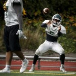 Edmonds-Woodway&rsquo;s Aaron Richardson eyes a pass during a team practice on Tuesday. (Ian Terry / The Herald)