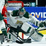 Silvertips goalie Carter Hart (center) looks for the puck during a game against Portland last season at Xfinity Arena in Everett. (Ian Terry / The Herald)