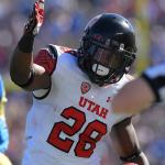 Utah running back Joe Williams celebrates after making a first down during the first half of a game against UCLA this past Saturday in Pasadena, Calif. (AP Photo/Mark J. Terrill)