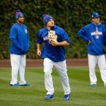 The Cubs&rsquo; Kyle Schwarber works out in the outfield during batting practice Thursday in Chicago. (AP Photo/Charles Rex Arbogast)