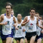 Edmonds-Woodway&rsquo;s Matthew Park (left) leads the pack early on before winning the boys 3A District 1 cross country meet at South Whidbey High School on Saturday. (Ian Terry / The Herald)