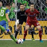 Sounders forward Jordan Morris (13) takes a shot on goal that was saved by FC Dallas goalkeeper Chris Seitz (center) as FC Dallas defender Matt Hedges (right) looks on in the first half of an MLS semifinal playoff match Sunday in Seattle. (AP Photo/Ted S. Warren)