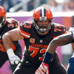 Cleveland Browns tackle Joe Thomas looks to block New England Patriots linebacker Jamie Collins during the first half of an Oct. 9 game in Cleveland. (AP Photo/Ron Schwane, File)
