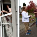 Hans Dunshee (left photo) shakes hands on Oct. 6 with a Lake Stevens resident, whose dog tries to get a pat on the head. Sam Low (at right in right photo) talks with Eric Freeman and his stepdaughter, Lorin Stewart, in Monroe on Oct. 3. At left is Low&rsquo;s wife, Mariah. Both candidates were door-to-door campaigning for a seat on the Snohomish County Council. (Andy Bronson / The Herald)
