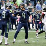 Seattle Seahawks kicker Steven Hauschka greets holder Jon Ryan (9) after Hauschka kicked what proved to be the game-winning field goal in Sunday&rsquo;s 26-24 win over Atlanta. (AP Photo/Stephen Brashear)