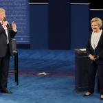 Republican presidential nominee Donald Trump speaks to Democratic presidential nominee Hillary Clinton during the second presidential debate at Washington University in St. Louis on Sunday. (AP Photo/Patrick Semansky)