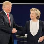 Republican presidential nominee Donald Trump and Democratic presidential nominee Hillary Clinton shake hands after the second presidential debate at Washington University in St. Louis on Sunday. (AP Photo/Julio Cortez)