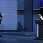 Democratic presidential nominee Hillary Clinton and Republican presidential nominee Donald Trump speak during the third presidential debate at UNLV in Las Vegas on Wednesday. (AP Photo/David Goldman)