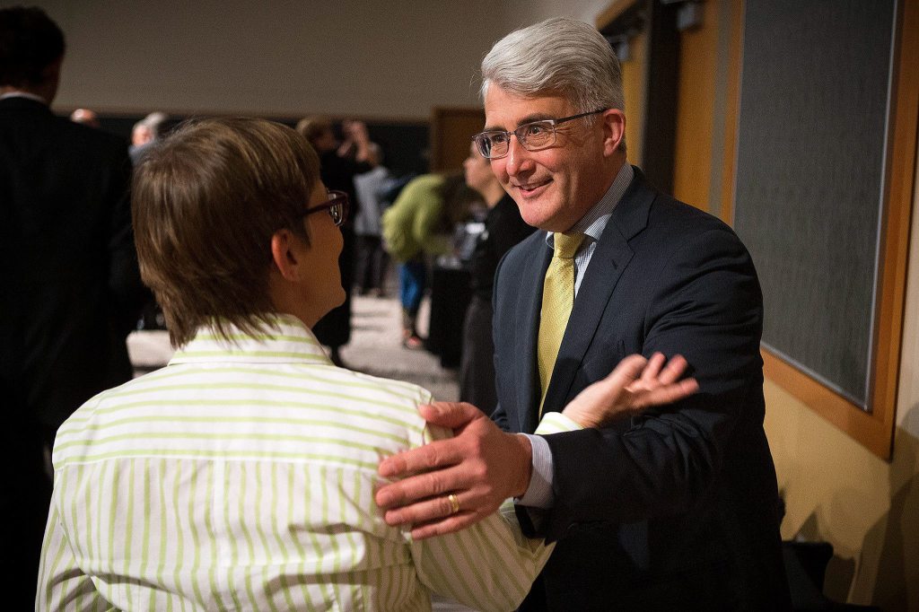 Republican gubernatorial candidate Bill Bryant (right) greets attendants of the &ldquo;A Night To Celebrate Freedom&rdquo; event April 22 at the Lynnwood Convention Center. (Ian Terry / The Herald)