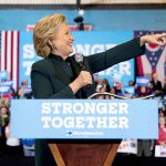 Democratic presidential candidate Hillary Clinton points to the crowd while speaking at a rally at Cuyahoga Community College in Cleveland, Friday, Oct. 21, 2016. (AP Photo/Andrew Harnik)