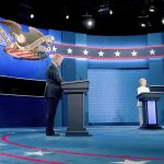 Republican presidential candidate Donald Trump (left) Democratic presidential candidate Hillary Clinton take the stage for the third presidential debate at University of Nevada in Las Vegas on Wednesday. (AP Photo/Andrew Harnik)