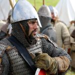 Re-enactors gather in battle near Hastings to re-enact the ancient clash between King Harold and William the Conqueror on Saturday. (Angus Dunsire / PA)