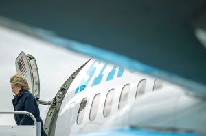 Democratic presidential candidate Hillary Clinton arrives at Boeing Field Airport in Seattle on Friday. (AP Photo/Andrew Harnik)