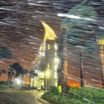 Trees sway in heavy rain and wind from Hurricane Matthew in front of Exploration Tower early Friday at Cape Canaveral, Florida. (Craig Rubadoux/Florida Today via AP)