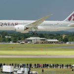 A Qatar Airways Boeing 787 lands during the Farnborough International Airshow in England in 2012. (AP Photo/Lefteris Pitarakis)