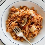 Celeriac pasta with chickpeas and marinara sauce. (Photo by Goran Kosanovic for The Washington Post)