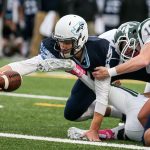Meadowdale&rsquo;s Drew Tingstad stretches for a touchdown with Edmonds-Woodway&rsquo;s Anthony Lindamood holding on during a game Friday at Edmonds Stadium. (Kevin Clark / The Herald)