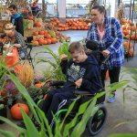 Deanna Locke pushes her son, Ian Locke, through the pumpkin patch decorations at Fred Meyer on Saturday morning in Monroe. (Kevin Clark / The Herald)