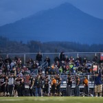 A temporary grandstand is seen at Granite Falls High School during a football game there Friday. (Ian Terry / The Herald)