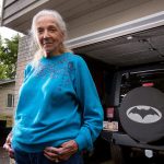 Ogaard&rsquo;s black Jeep features a spare tire cover decorated with a bat silhouette and a custom license plate with her nickname. (Andy Bronson / The Herald)