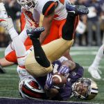 Washington&rsquo;s Myles Gaskin rolls atop Oregon State&rsquo;s Devin Chappell for a touchdown Saturday afternoon at Husky Stadium in Seattle. (Kevin Clark / The Herald)