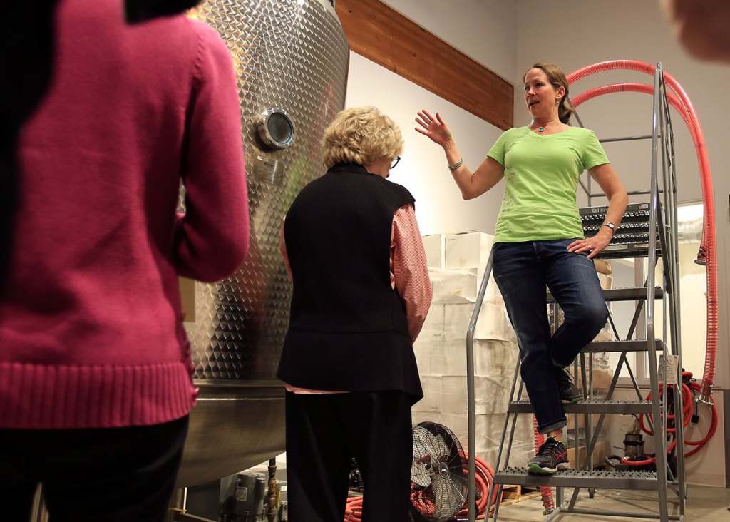 Kim Karrick explains the distilling progress during the Giniology class at Scratch Distillery Saturday night in Edmonds on April 17, 2016. (Kevin Clark / The Herald)