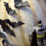 Bats and a Batman figure decorate a pumpkin at Ogaard&rsquo;s home. (Andy Bronson / The Herald)