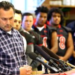 Jerry Jensen, head coach and athletic director, fields questions during the press conference at Archbishop Murphy High School in Everett on Wednesday. (Kevin Clark / The Herald)