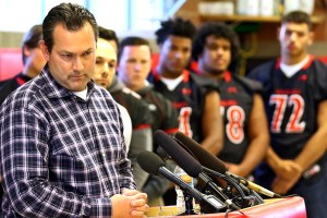 Jerry Jensen, head coach and athletic director, fields questions during the press conference at Archbishop Murphy High School in Everett on Wednesday. (Kevin Clark / The Herald)