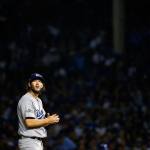 Dodgers starting pitcher Clayton Kershaw (22) looks up before a pitch during the fourth inning of Game 2 of the National League baseball championship series against the Cubs, Sunday, in Chicago. (AP Photo/Nam Y. Huh)