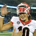 Georgia quarterback and former Lake Stevens star Jacob Eason celebrates the team&rsquo;s 27-24 victory over Kentucky on Saturday in Lexington, Ky. (Curtis Compton/Atlanta Journal Constitution via AP)