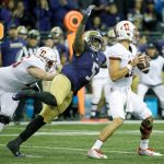Washington linebacker Joe Mathis (5), shown here against Stanford on Sept. 30, will miss the remainder of the Huskies&rsquo; season with a foot injury. (AP Photo/Ted S. Warren)