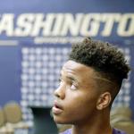 Washington guard Markelle Fultz, shown here at the team&rsquo;s media day on Oct. 12 in Seattle, has always gone his own way, and his decision to come across the country to play for the Huskies is further evidence of that. (AP Photo/Elaine Thompson)