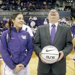 Washington women&rsquo;s basketball coach Mike Neighbors laughs with star guard Kelsey Plum in a pregame ceremony on Feb. 5 to commemorate Plum on her 2,000th career point. Plum&rsquo;s relationship with Neighbors is a mix of sarcasm, criticism and support, but it has worked wonders for the Huskies.. (AP Photo/Elaine Thompson)