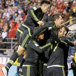 Mexico players celebrate captain Rafa Marquez&rsquo;s match-winning goal in the 89th minute of a World Cup qualifying win over the United State on Friday in Columbus, Ohio. (AP Photo/Jay LaPrete)