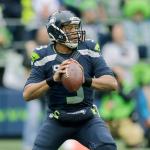Seattle&rsquo;s Russell Wilson looks to pass during in the first half of the Seahawks&rsquo; win over Philadelphia on Sunday in Seattle. The fifth-year quarterback is in consideration for his first MVP award this season. (AP Photo/Stephen Brashear)