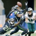 Seattle&rsquo;s Jeremy Lane (20) and Earl Thomas (center) break up a pass intended for Philadelphia&rsquo;s Bryce Treggs (right) in during the Seahawks&rsquo; win over the Eagles on Sunday in Seattle. Lane will play a much larger role if Thomas can&rsquo;t play this Sunday due to injury. (AP Photo/Stephen Brashear)