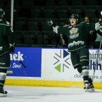Silvertips right wing Eetu Tuulola (right) celebrates a goal with teammate Brandson Hein during a game against Kootenay on Wednesday at Xfinity Arena in Everett. (Ian Terry / The Herald)