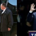 At left, Democratic presidential candidate Hillary Clinton waves as she arrives to vote at her polling place in Chappaqua, New York, on Tuesday; and Republican presidential candidate Donald Trump speaks to a campaign rally in Manchester, New Hampshire, on Monday. (AP Photos/Seth Wenig and Charles Krupa)