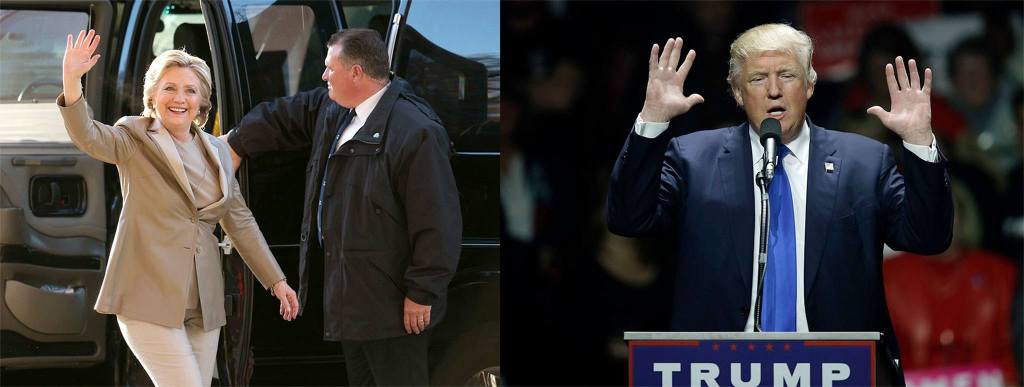 At left, Democratic presidential candidate Hillary Clinton waves as she arrives to vote at her polling place in Chappaqua, New York, on Tuesday; and Republican presidential candidate Donald Trump speaks to a campaign rally in Manchester, New Hampshire, on Monday. (AP Photos/Seth Wenig and Charles Krupa)