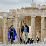 President Barack Obama tours the Acropolis with Eleni Banou (left), director of antiquities for the Athens Ministry of Culture on Wednesday in Greece. (AP Photo/Pablo Martinez Monsivais)